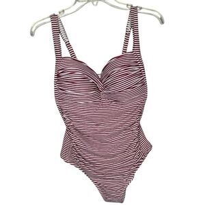 NipTuck Striped Cross-Front One-Piece Swimsuit In Burgundy/White. Size 10.